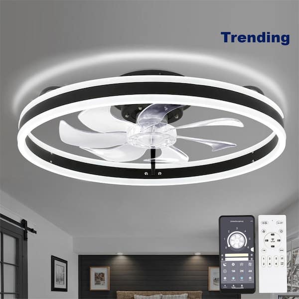 Oaks Aura 20in. LED Indoor Black Bladeless Low Profile Ceiling Fan Flush Mount Smart App Remote Control Dimmable Lighting
