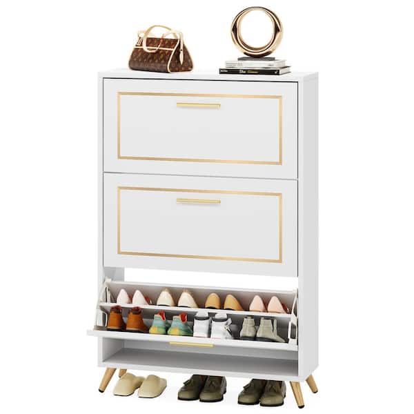 BYBLIGHT Lauren 48 in. H White Narrow Wood Shoe Storgae Cabinet with 3 Flip Compartments Drawers for 24 Pair Shoe Organizer