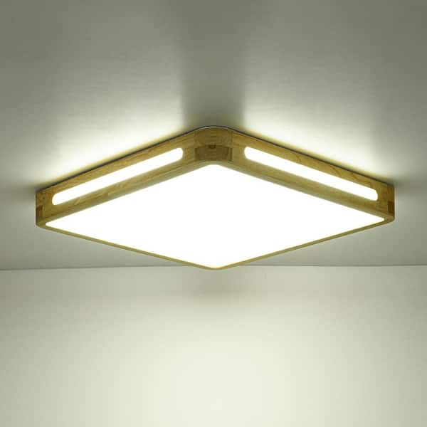 HUOKU Lumin 19.7 in. W Square Natural Oak Wood and Acrylic Flush