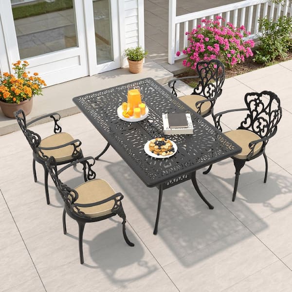 Willit Lily Black 5-Piece Cast Aluminum Outdoor Dining Set with Rectangle Table and Dining Chairs with Random Color Cushion