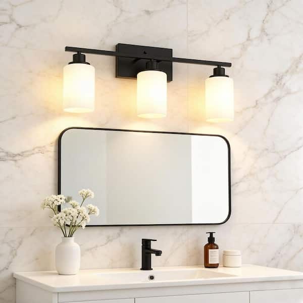 24 in. 3 Light Matte Black Vanity Light with Frosted Cylinder Glass Shades and E26 Sockets for Bathroom