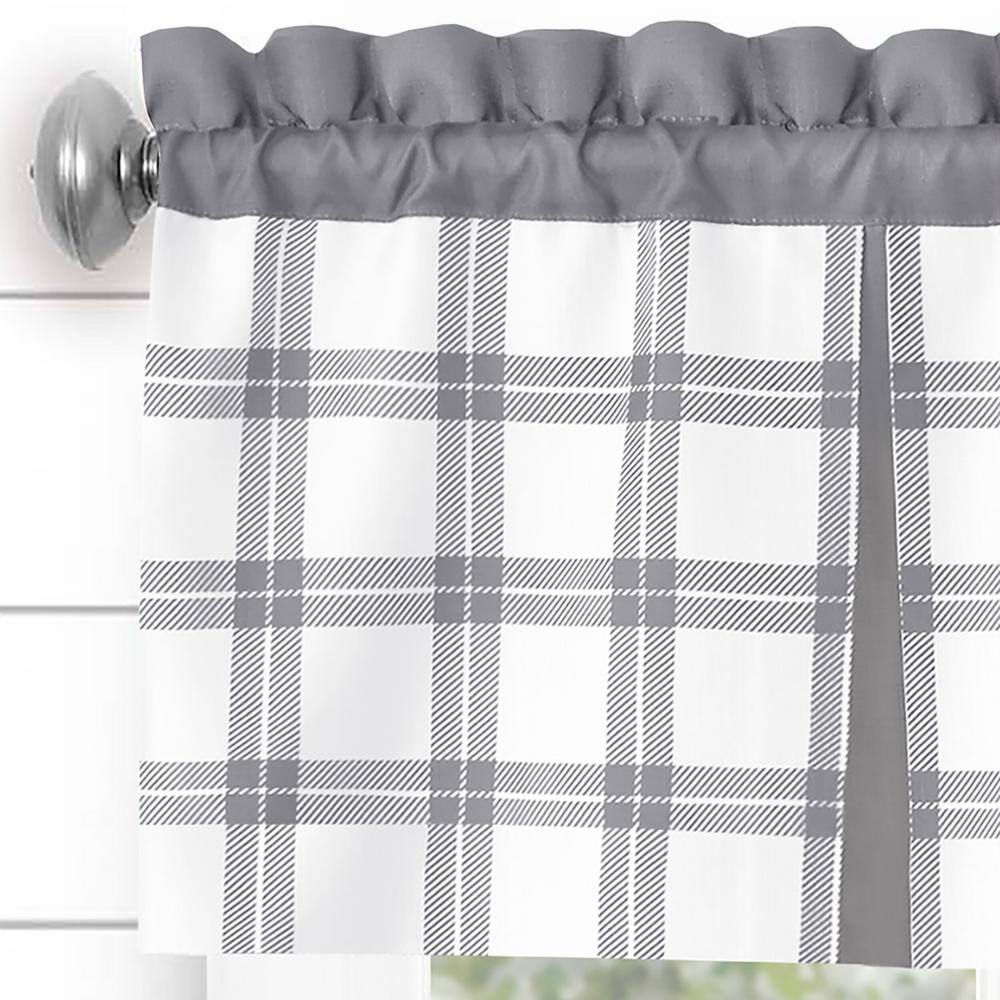 Gray Plaid Light Filtering Tier and Valance Curtain Set