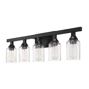 Chicago 35.75 in. 5-Light Flat Black Finish Vanity Light with Seeded Glass