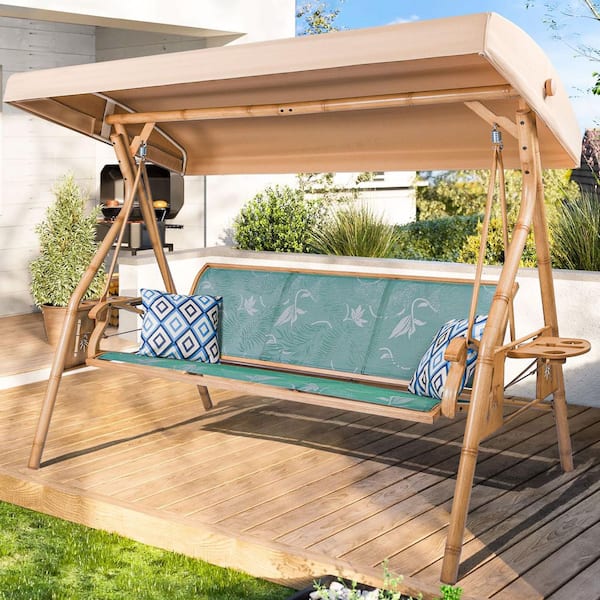 3-Seat Metal Outdoor Patio Swing Chair with Adjustable Canopy and Upgraded Cup Holders in Blue