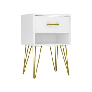 1-Drawer White Nightstands with Metal Legs and Open Shelf Side Table Bed Side Table 23.6 in. H x 15.7 in. W x 11.8 in. D