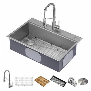 Loften Stainless Steel 18-Gauge 33 in. Single Bowl Drop-In Workstation Kitchen Sink and Faucet with Accessories