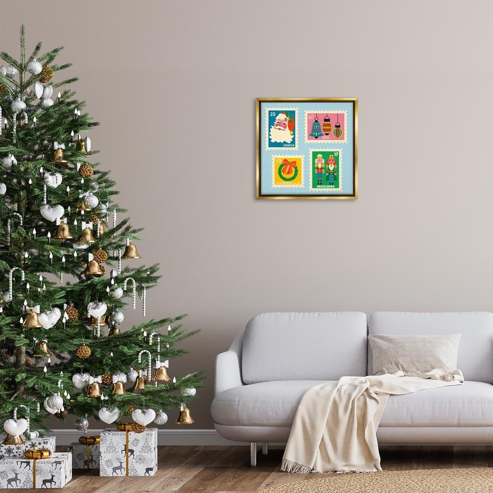 Vintage Christmas Postage Stamps by Carrie Cantwell Gold Floater Frame Abstract Graphic Art Print 25 in. x 25 in. price history on PriceWatchPro
