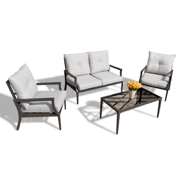 FORCLOVER Black 4-Piece Aluminum Patio Conversation Set with Beige Cushions (Fully Assembled)