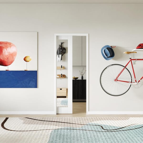 TENONER 30 in. x 80 in. 1-Lite Mirrored Glass Panel MDF, White Primed Wood Pocket Door Frame, Hardware Included