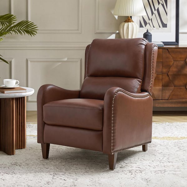 Hyde Modern Retro Cigar Genuine Leather Recliner with Nailhead Trim-Brown