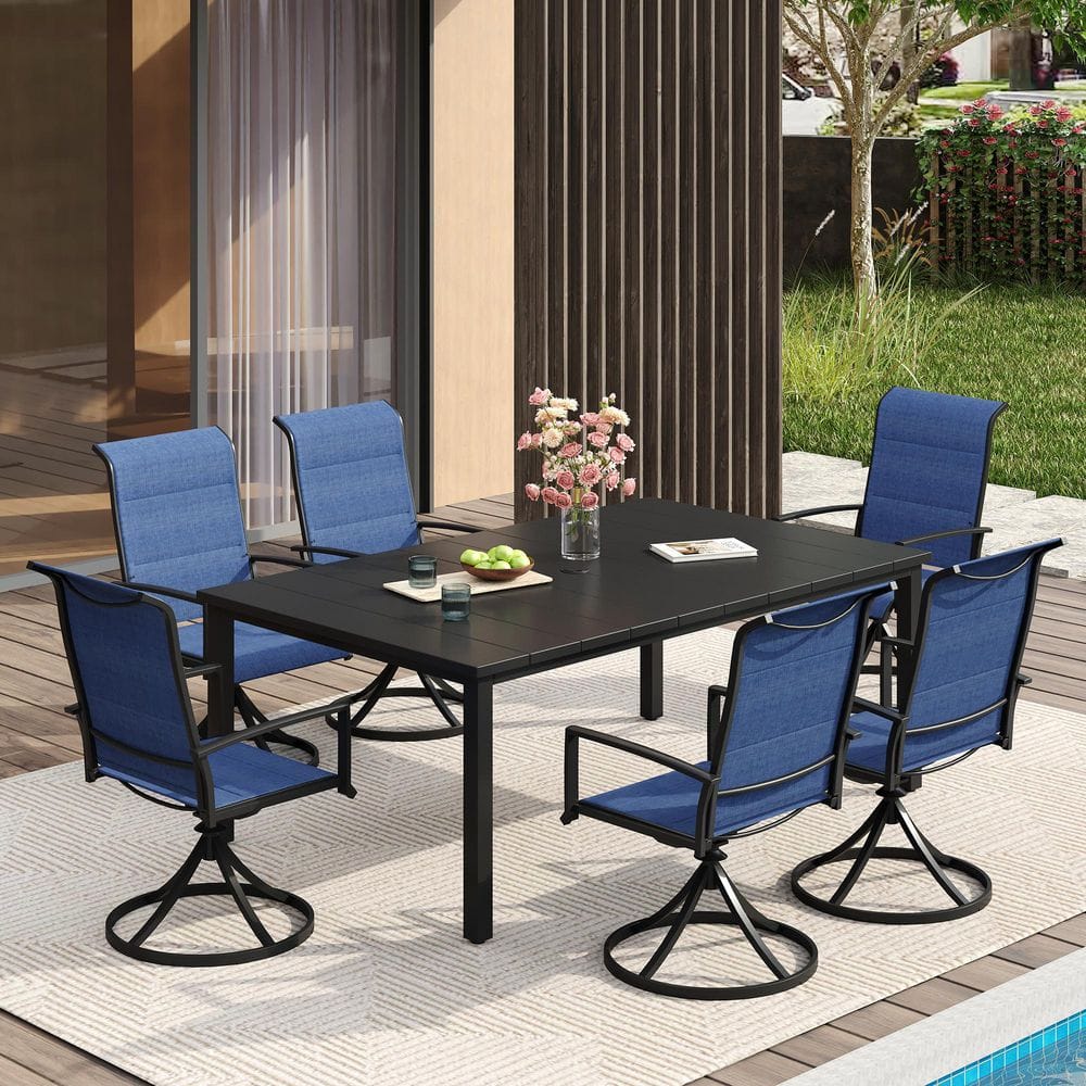 7-Piece Metal Outdoor Dining Set with 63 in. Black Rectangle Table and 6 Blue Swivel Dining Chairs for 6 Person price history on PriceWatchPro