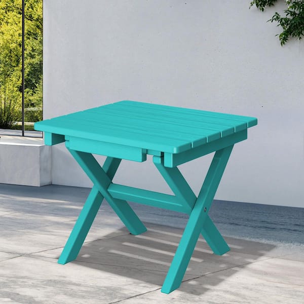 JEAREY Peacock Blue HDPE Plastic Portable Patio End Table Folding Outdoor Coffee Table