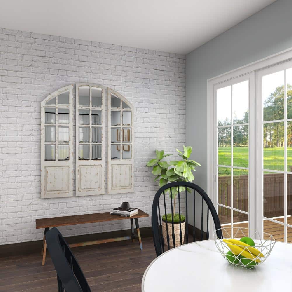 White Distressed Wood Windowpane Arched Decorative Mirror Set