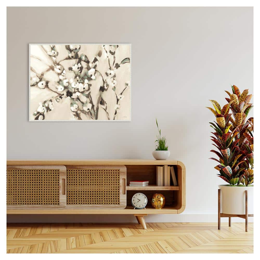Wild Floral Branches Neutral Canvas Art with White Beaded Frame