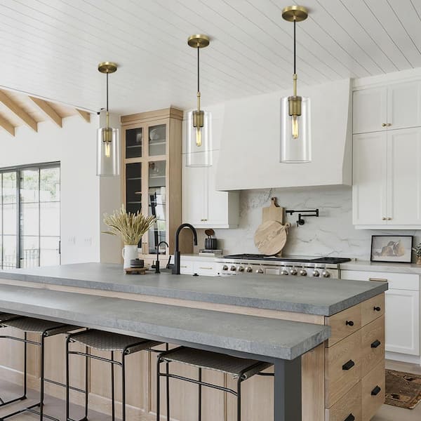 86.5 in. H 1-Light Dimmable LED Brass Kitchen Island Pendant Light With Glass Shade, for Kitchen, Dining Room, Bedroom