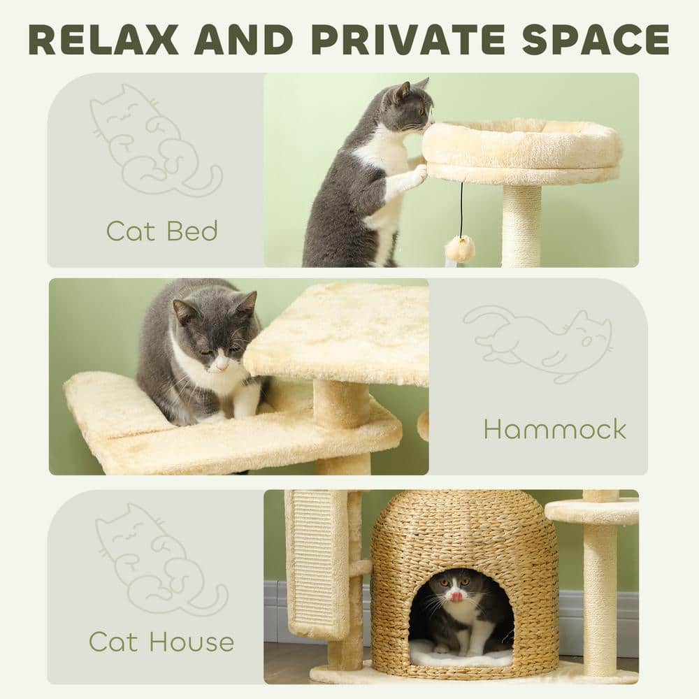 Beige Plush and Wicker 44" Cat Tree Tower with Hammock
