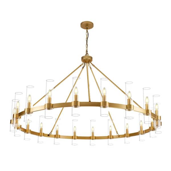 20 Lights 60 in. Dimmable Wagon Wheel Gold Chandelier with Glass Shade for Living Room, Dining Room, Bedroom and Foyer