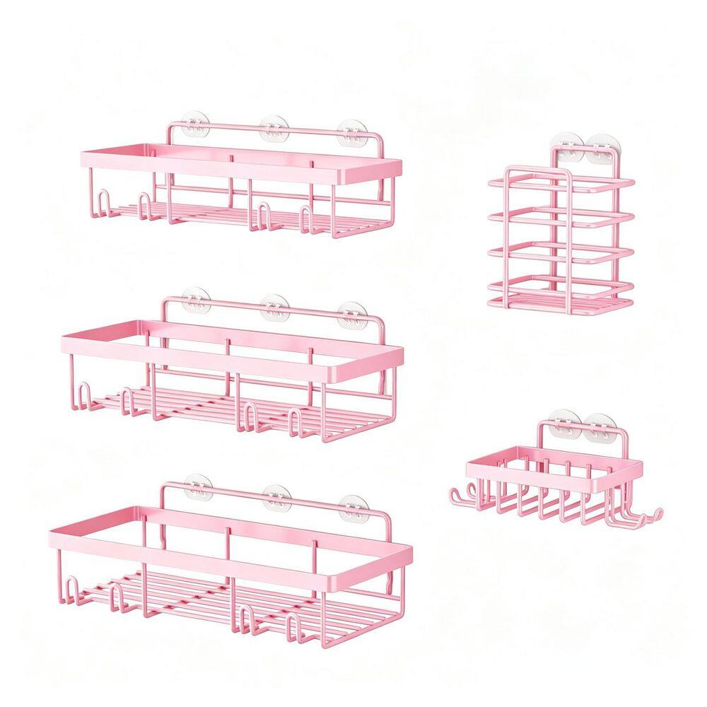 5-Pack Shower Caddy in Pink, Self Adhesive Wall Storage Basket, Rustproof Stainless Steel Shampoo Holder