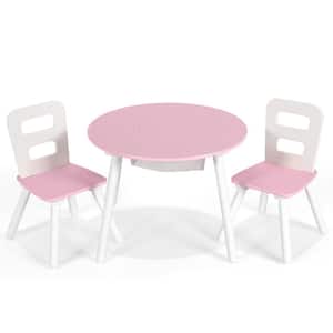 Kids Wooden Pink Round Table and 2 Chair Set with Center Mesh Storage