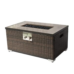 Dark Brown Outdoor Rectangle Stainless Steel Burner Gas Fire Pit 40,000 BTU PE Rattan Gas Fire Table with Tile Tabletop