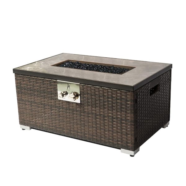 Afoxsos Dark Brown Outdoor Rectangle Stainless Steel Burner Gas Fire Pit 40,000 BTU PE Rattan Gas Fire Table with Tile Tabletop