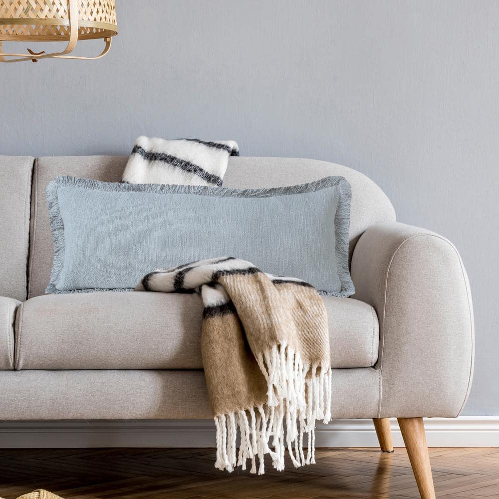 Unique Gray 14 in. x 36 in. Neutral Fringe Solid Cotton Lumbar Indoor Throw