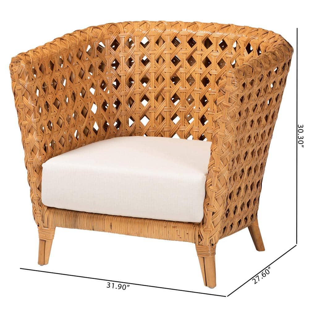 Handcrafted Natural Rattan Bohemian Accent Chair with White Cushion