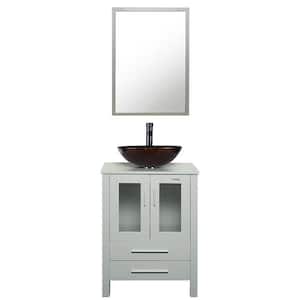 24 in. W x 20 in. D x 32 in. H Single Sink Bath Vanity in Grey with Brown Vessel Sink Top ORB Faucet and Mirror