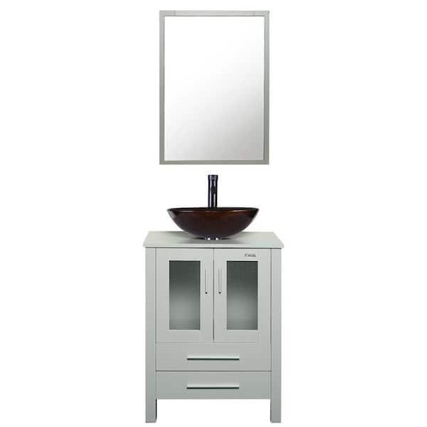 eclife 24 in. W x 20 in. D x 32 in. H Single Sink Bath Vanity in Grey with Brown Vessel Sink Top ORB Faucet and Mirror