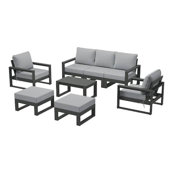 Endless Gray Frame with Light Gray Cushions Outdoor 8-Piece All Weather Plastic Sofa Lounge Chair Patio Conversation Set