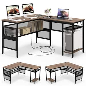 55 in. L Shaped Grey Wash Wood Reversible Computer Desk with Charging Station Storage Shelves CPU Stand
