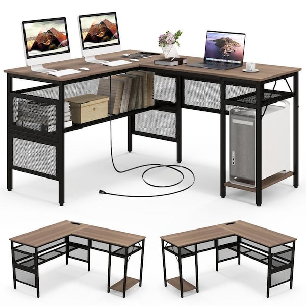 HONEY JOY 55 in. L Shaped Grey Wash Wood Reversible Computer Desk with Charging Station Storage Shelves CPU Stand