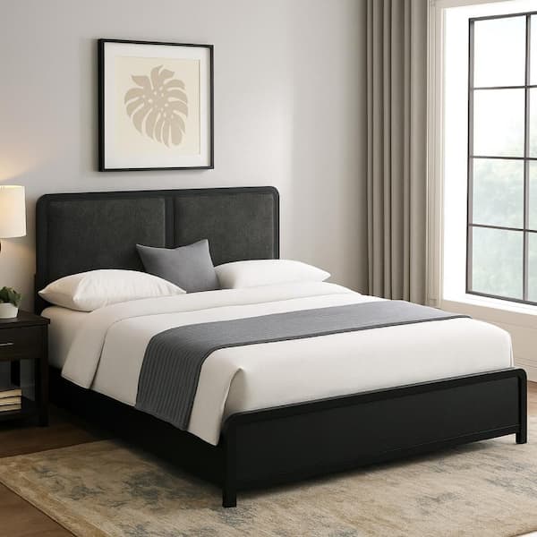 Benjara Cavy Black and Charcoal Gray Wood Frame King Platform Bed with Upholstered Headboard