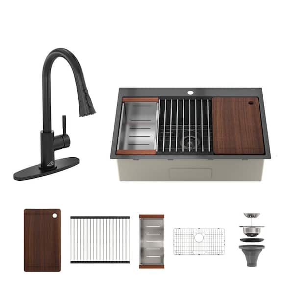 33 in. Drop-In Single Bowl Nano PVD Gunmetal Black Stainless Steel Workstation Kitchen Sink with Faucet and Accessories