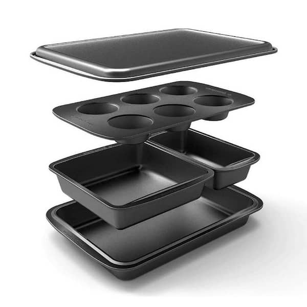 5-Piece Black Cake Pan Set Includes Muffin Pan, Roaster Pan, Square Pan, Cookie Sheet and Loaf Pan, Dishwasher Safe