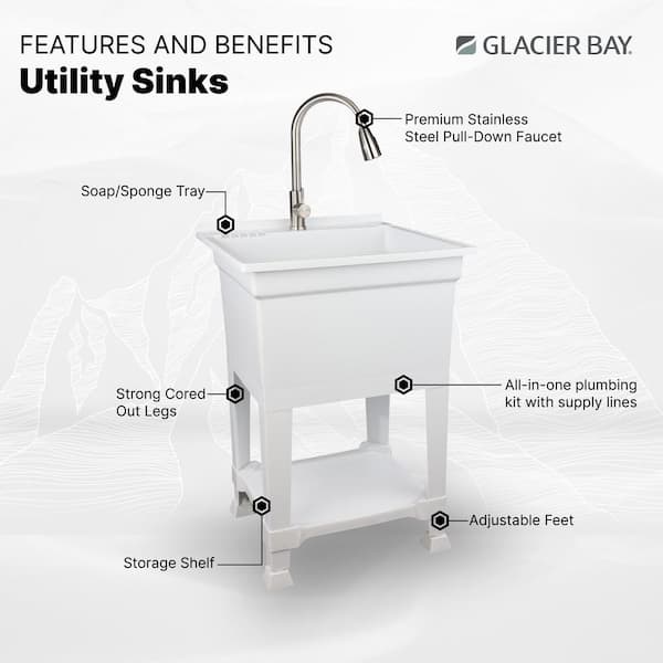 24 in. W x 24 in. D x 35 in. H Freestanding Laundry/Utility Sink in White with Stainless Steel Pull-Out Faucet