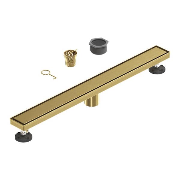 28 in. Linear Shower Drain, Square Grid Pattern 304 Stainless Steel Floor Drain w/Hair Strainer, Brushed Gold