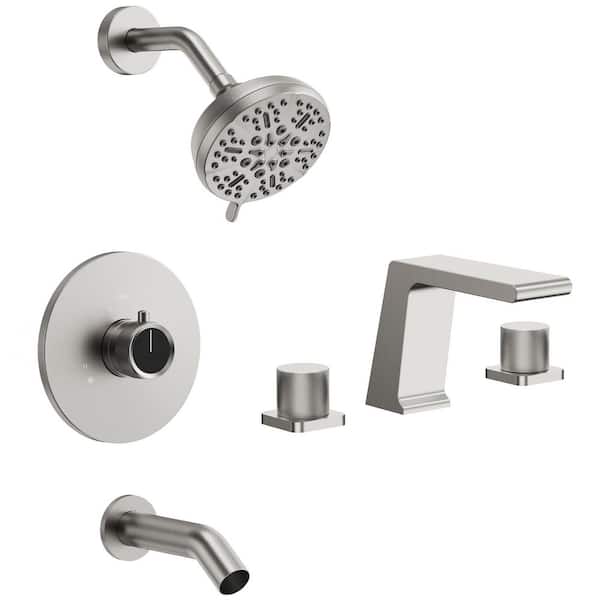 EVERSTEIN 5 in. Round 1-Handle 5-Spray Tub and Shower Faucet 2.5 GPM with Waterfall Basin Faucet in Brushed Nickel Valve Included