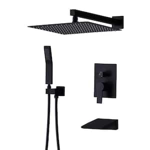 SHOW 12 in. Single-Handle 2-Spray Round Rain Black Shower Faucet with Waterfall Spout & Dual Shower Heads in Matte Black