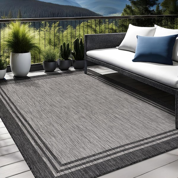 9 X 12 Silver Pebble Aloha Washable Bordered Indoor Outdoor Area Rug