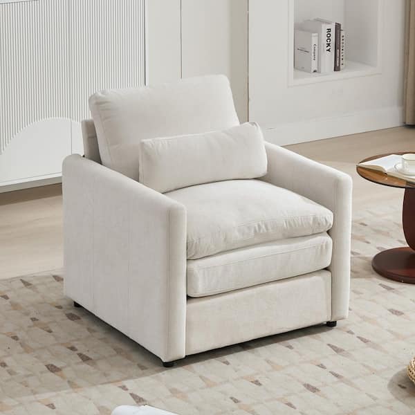 Oversized Beige Chenille Upholstered Arm Chair with Double Cushion Design