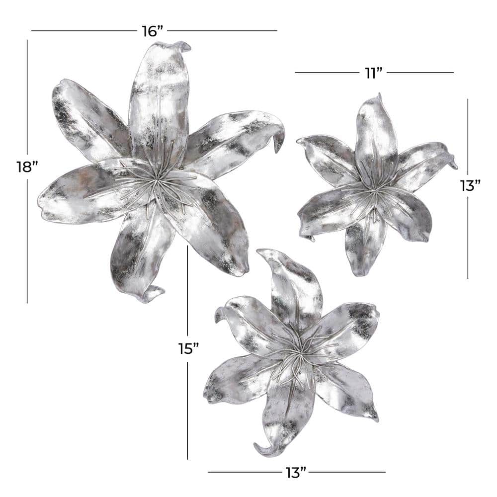 Silver Resin 3D Floral Wall Sculpture Set of Three