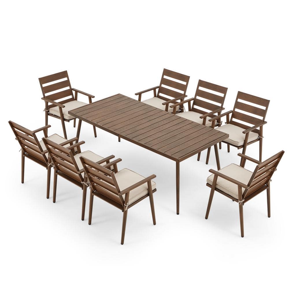 9-Piece Metal Outdoor Dining Set with Rectangular Wood Table and Brown Eleg