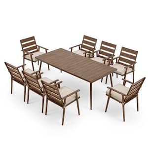 9-Piece Metal Outdoor Dining Set with Rectangular Wood Table and Brown Elegant Stackable Chairs with White Cushions