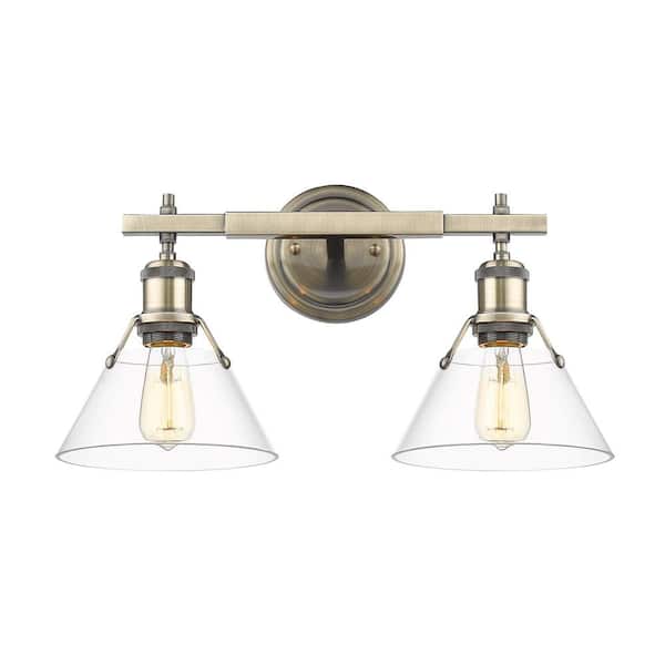 Golden Lighting Orwell 18.25 in. 2-Light Aged Brass and Clear Glass Vanity Light