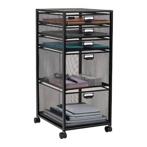5-Tier Metal 4-Wheeled Rolling Utility Storage Cart with Drawers in Black