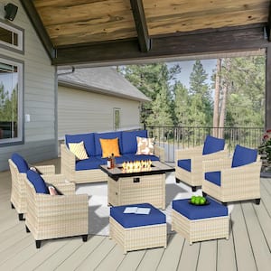 Oconee Beige 8-Piece Modern Outdoor Patio Conversation Sofa Set with a Rectangle Fire Pit and Navy Blue Cushions