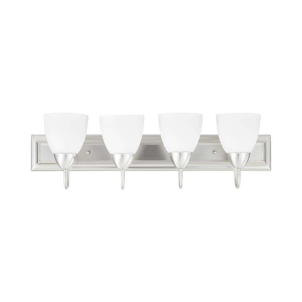 Luminance Sunset Lighting F3561-53 Four Light Vanity - Round Milk Glass, Dimmable - with Satin Nickel Finish