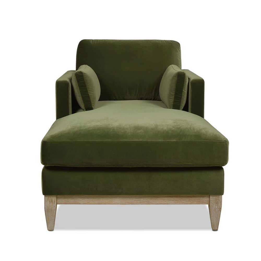 Olive Green Velvet and Wood Chaise Lounge Chair
