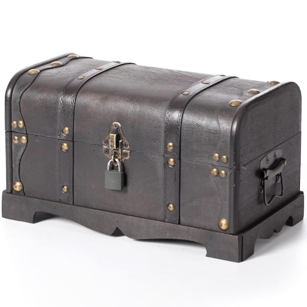 Small Pirate Style Wooden Treasure Chest with Small Vintage Padlock and Key